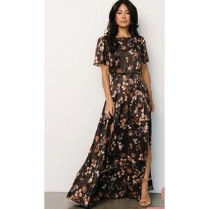 Baltic Born Agnes Brown Satin Floral Side Slit Lined Maxi Dress Large New